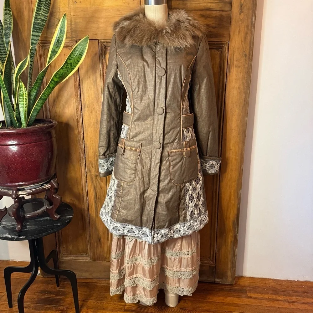 Penny Lane fur cotton crochet puffer button down fur collar coat - Picture 13 of 17